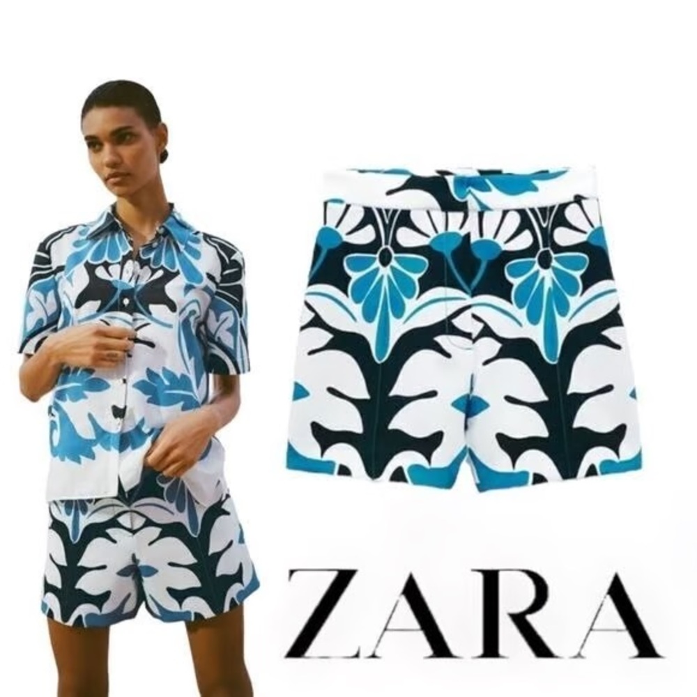 Zara Printed Matching Shorts Button Down Set